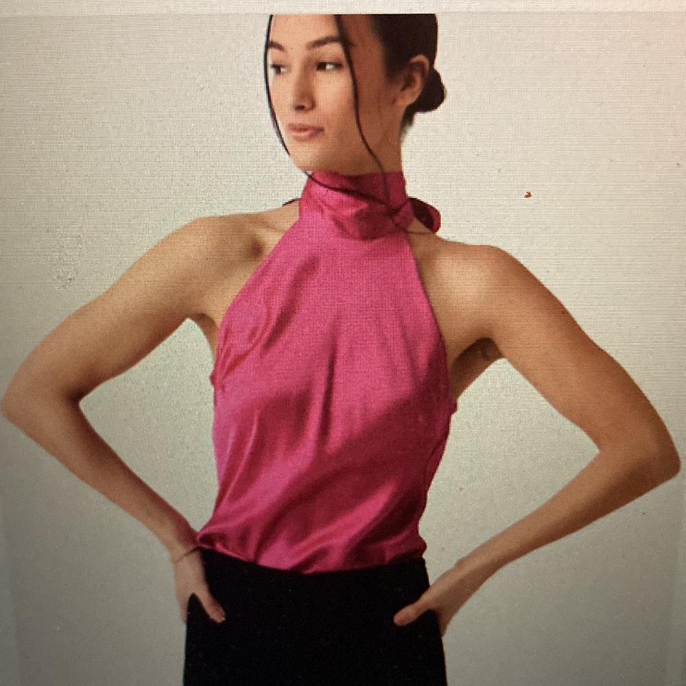 Frame draped neck tie silk halter in magenta